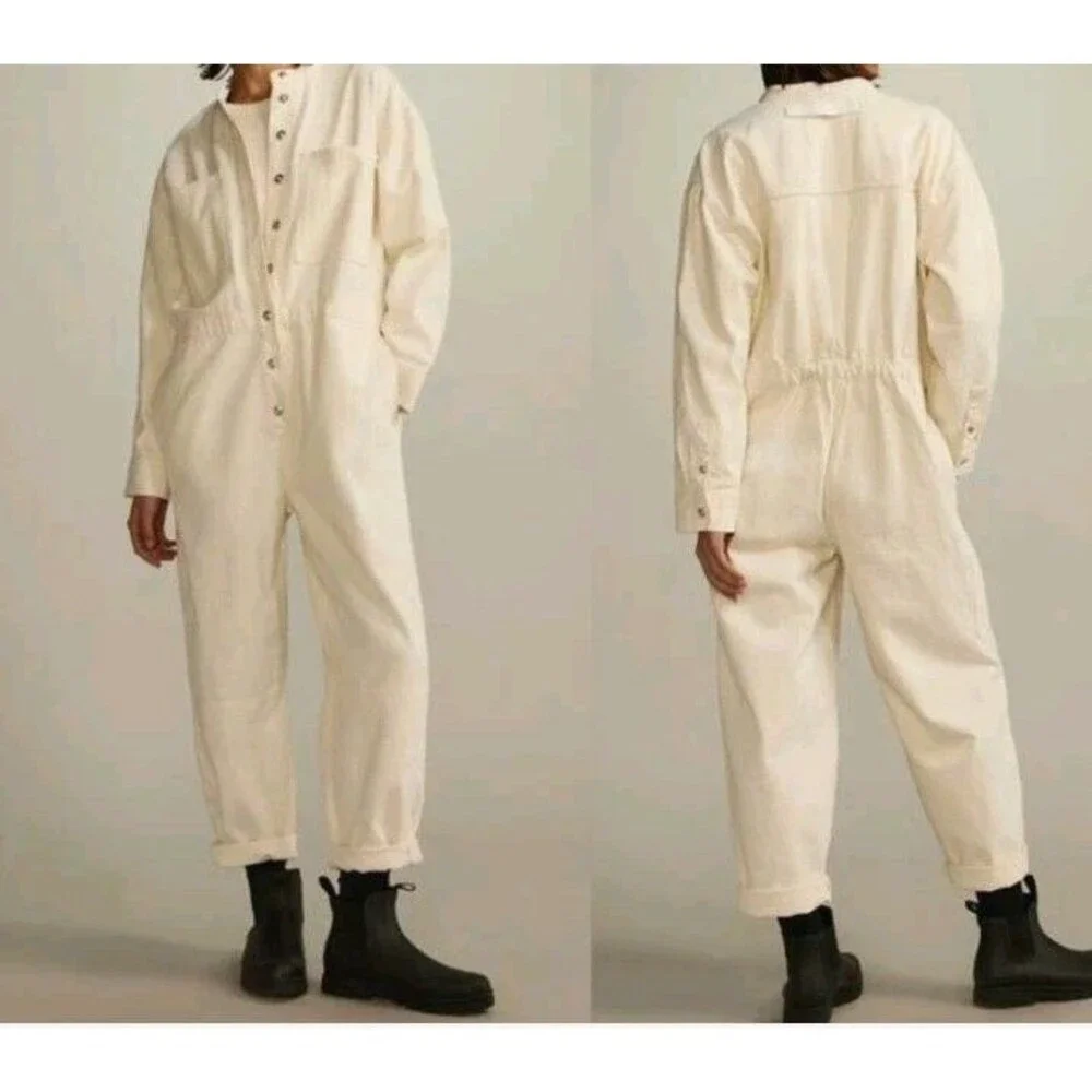 NEW NWT Everlane Jumpsuit Coverall Cognac White Canvas Organic Cotton XL